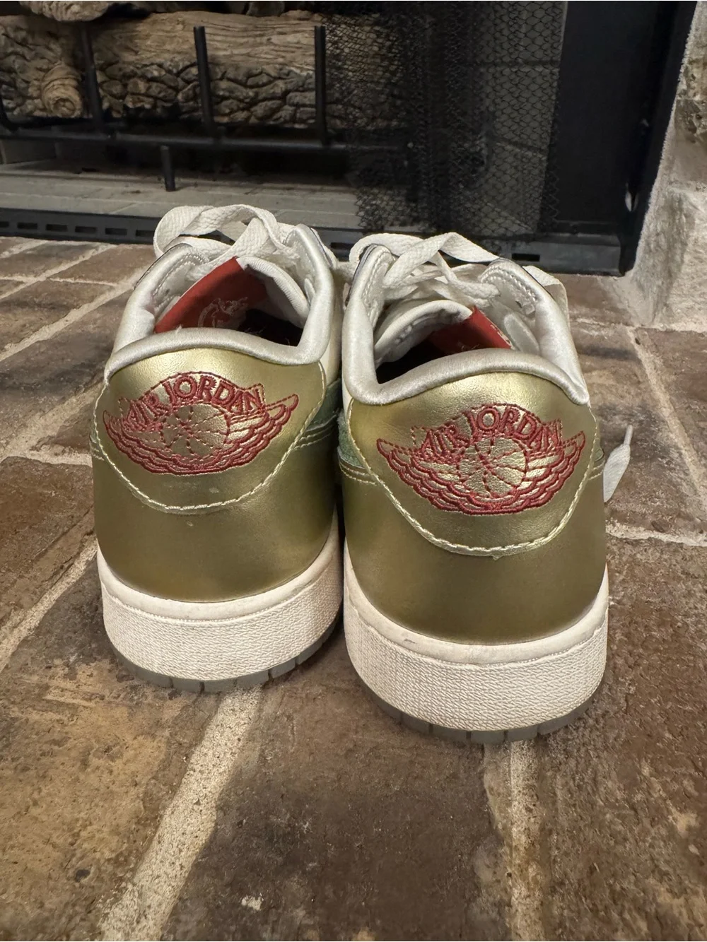 Air Jordan Low-Top Sneakers in White, Metallic Gold & Olive Green